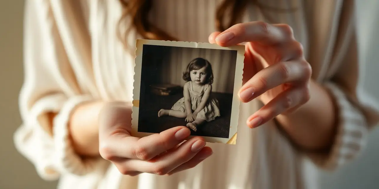 Adult hands gently holding a childhood photograph in soft daylight