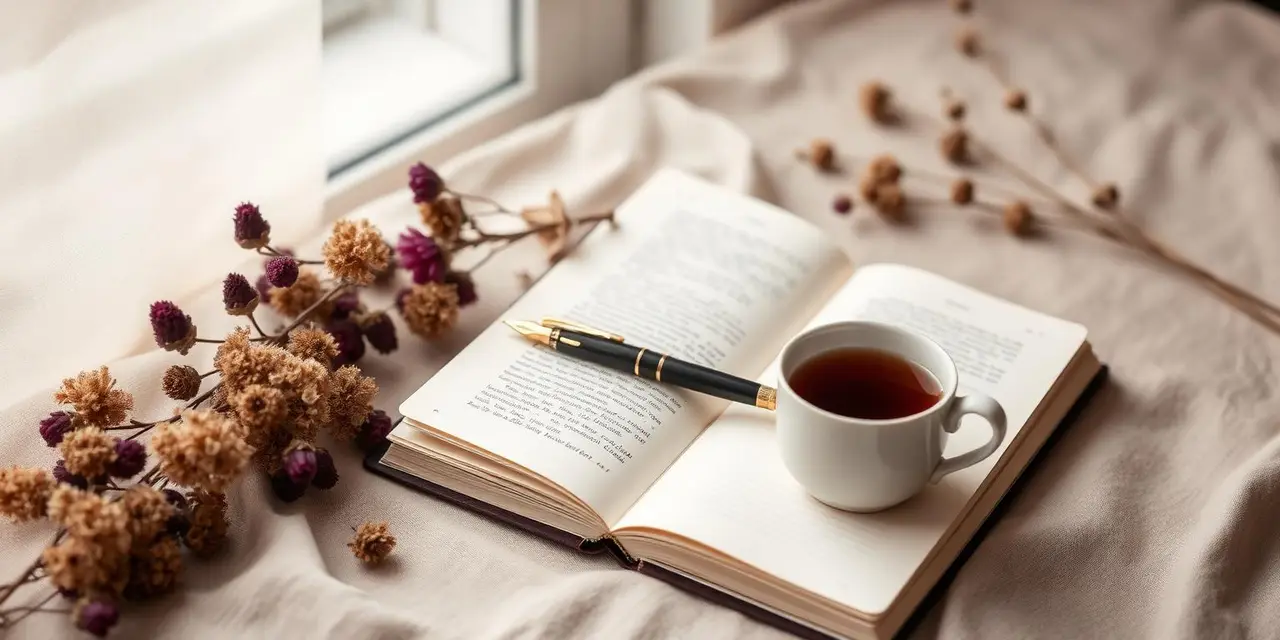 Open journal with a pen and tea beside dried flowers in warm light