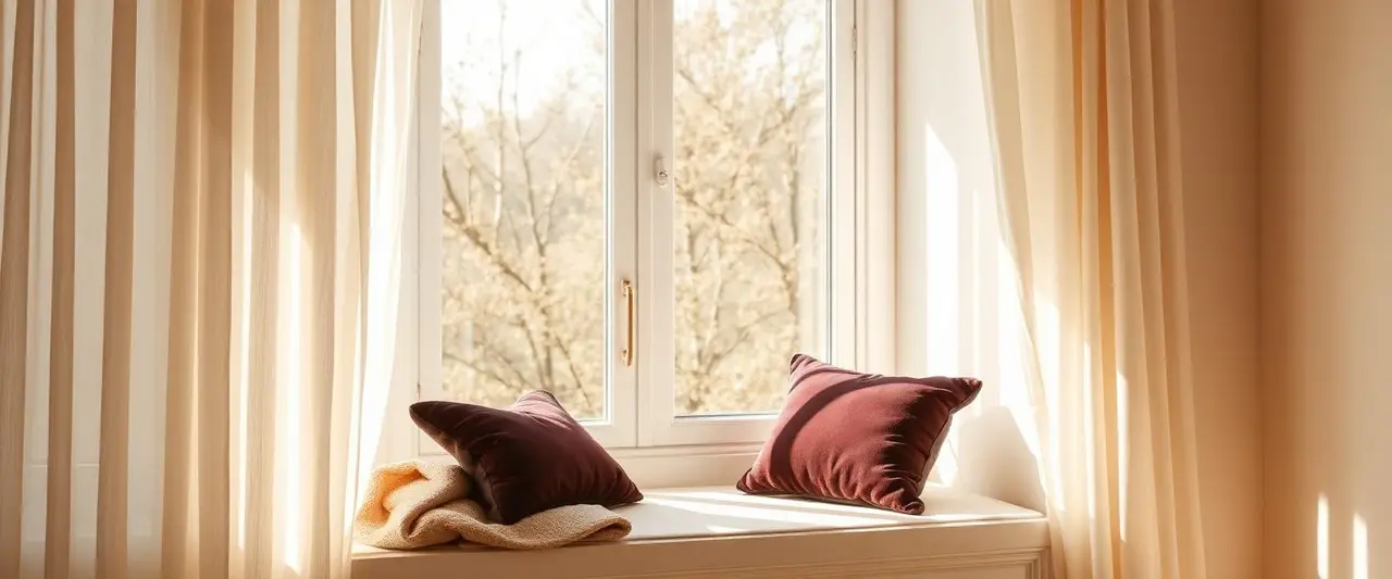 Sunlit window seat with a soft blanket and plum cushion